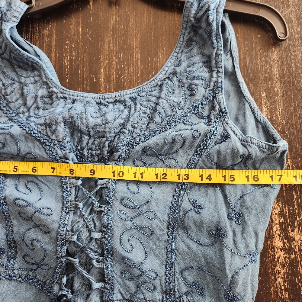 Just Cruising Cottagecore Blue Lace Up Front Dress Embroidered Whimsigoths Smock - Picture 7 of 10